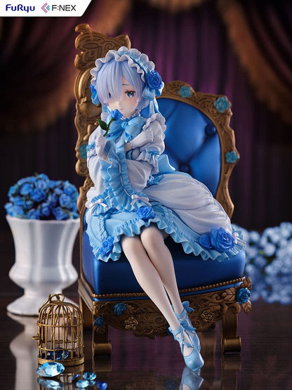 Rezero-Starting Life in Another World- FNex Rem Gothic Ver. 1/7 Scale Figure by FuRyu, showcasing Rem in an elaborate gothic dress, seated on a detailed, ornate chair with blue roses.