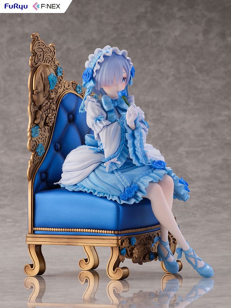 Rezero-Starting Life in Another World- FNex Rem Gothic Ver. 1/7 Scale Figure by FuRyu, showcasing Rem in an elaborate gothic dress, seated on a detailed, ornate chair with blue roses.