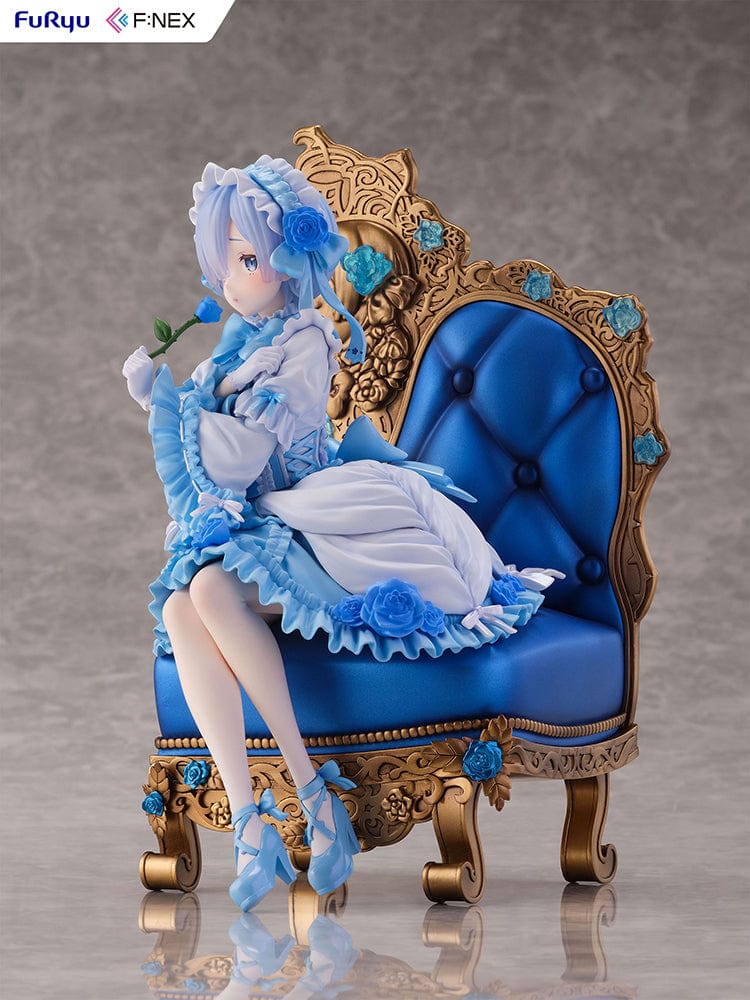 Rezero-Starting Life in Another World- FNex Rem Gothic Ver. 1/7 Scale Figure by FuRyu, showcasing Rem in an elaborate gothic dress, seated on a detailed, ornate chair with blue roses.