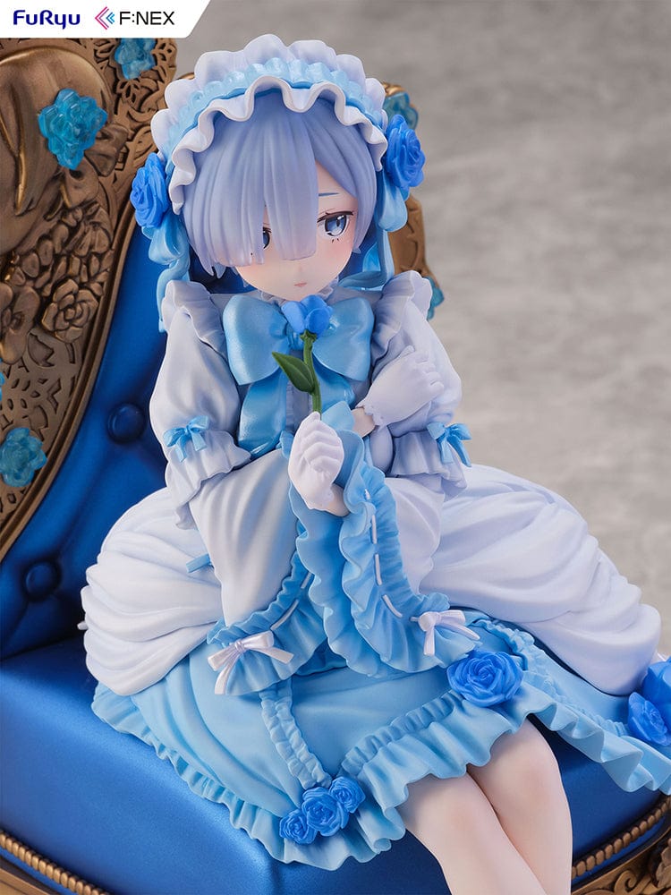 Rezero-Starting Life in Another World- FNex Rem Gothic Ver. 1/7 Scale Figure by FuRyu, showcasing Rem in an elaborate gothic dress, seated on a detailed, ornate chair with blue roses.