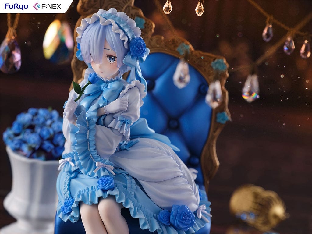 Rezero-Starting Life in Another World- FNex Rem Gothic Ver. 1/7 Scale Figure by FuRyu, showcasing Rem in an elaborate gothic dress, seated on a detailed, ornate chair with blue roses.