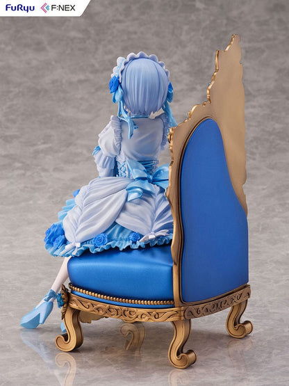 Rezero-Starting Life in Another World- FNex Rem Gothic Ver. 1/7 Scale Figure by FuRyu, showcasing Rem in an elaborate gothic dress, seated on a detailed, ornate chair with blue roses.