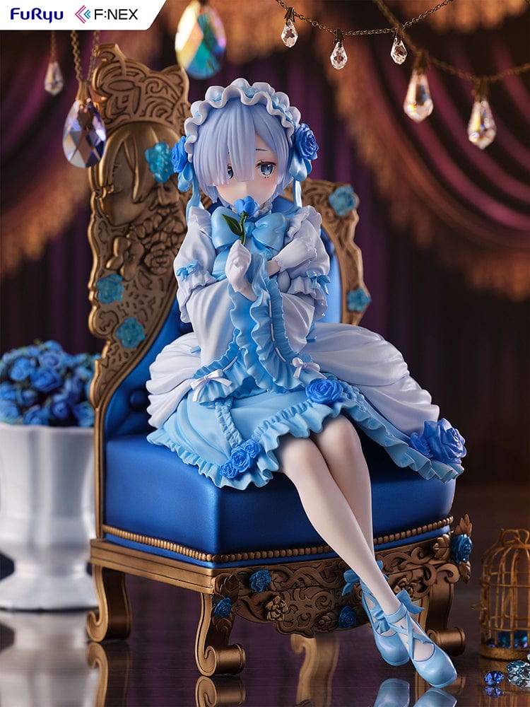 Rezero-Starting Life in Another World- FNex Rem Gothic Ver. 1/7 Scale Figure by FuRyu, showcasing Rem in an elaborate gothic dress, seated on a detailed, ornate chair with blue roses.