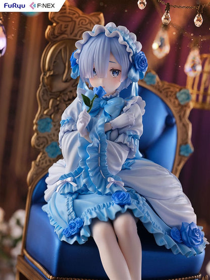 Rezero-Starting Life in Another World- FNex Rem Gothic Ver. 1/7 Scale Figure by FuRyu, showcasing Rem in an elaborate gothic dress, seated on a detailed, ornate chair with blue roses.