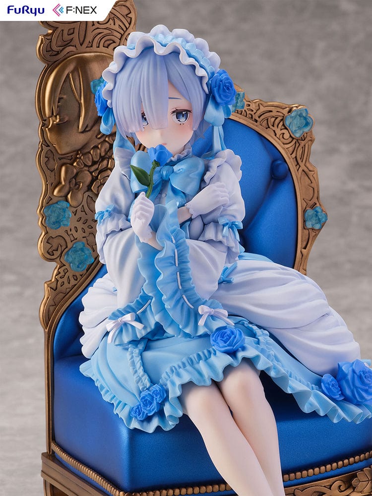 Rezero-Starting Life in Another World- FNex Rem Gothic Ver. 1/7 Scale Figure by FuRyu, showcasing Rem in an elaborate gothic dress, seated on a detailed, ornate chair with blue roses.