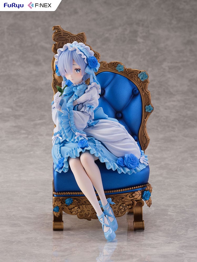 Rezero-Starting Life in Another World- FNex Rem Gothic Ver. 1/7 Scale Figure by FuRyu, showcasing Rem in an elaborate gothic dress, seated on a detailed, ornate chair with blue roses.