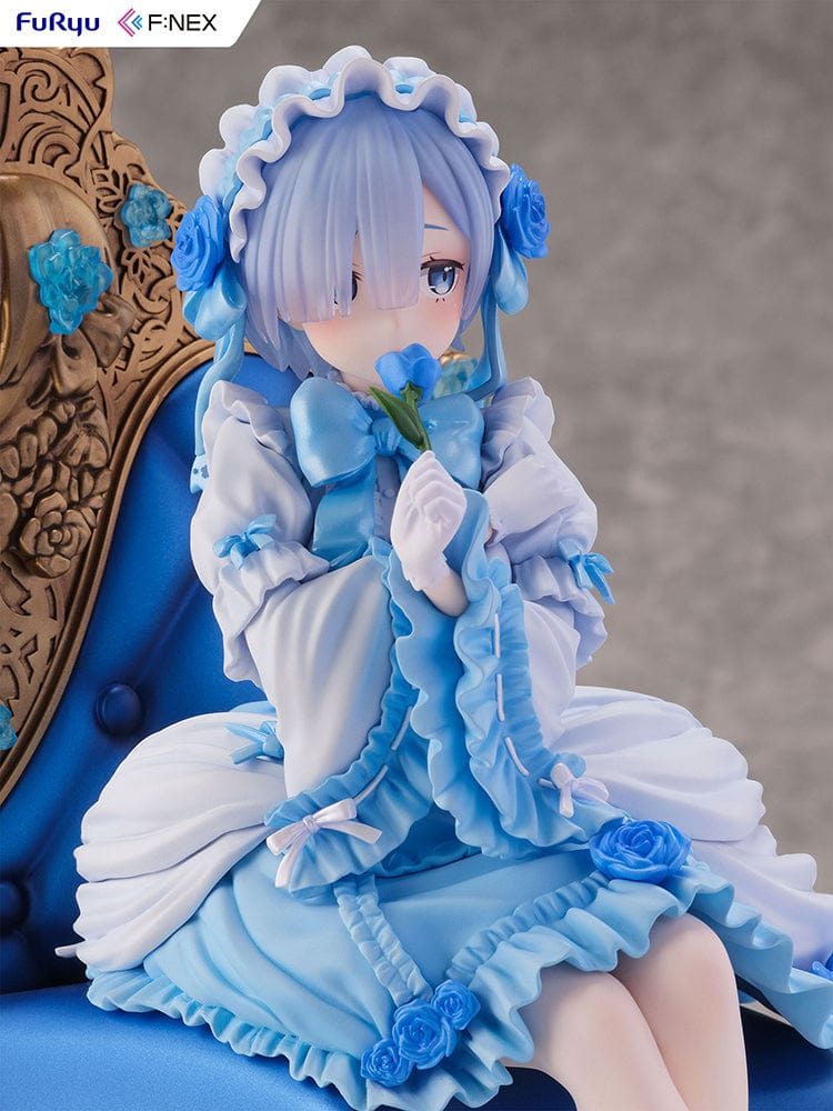 Rezero-Starting Life in Another World- FNex Rem Gothic Ver. 1/7 Scale Figure by FuRyu, showcasing Rem in an elaborate gothic dress, seated on a detailed, ornate chair with blue roses.