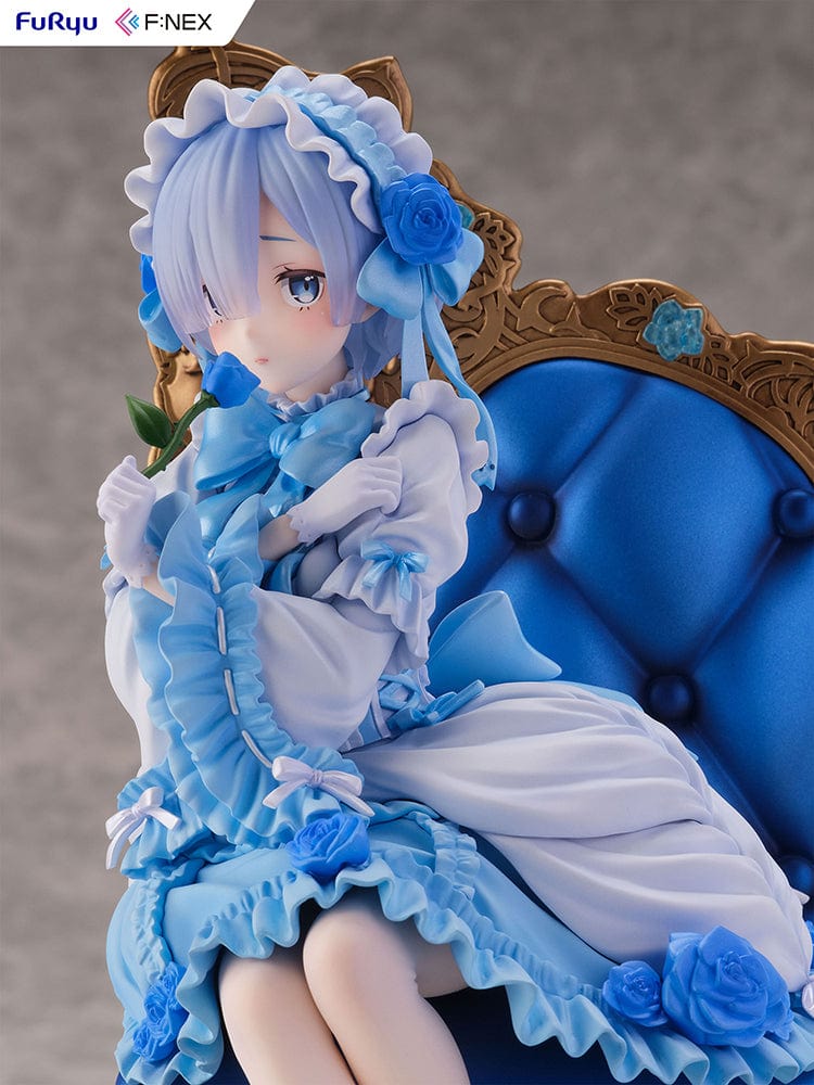 Rezero-Starting Life in Another World- FNex Rem Gothic Ver. 1/7 Scale Figure by FuRyu, showcasing Rem in an elaborate gothic dress, seated on a detailed, ornate chair with blue roses.