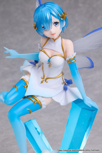 Rezero Starting Life in Another World Rem (Jewel Princess) 1/7 scale figure with translucent wings, standing on a blue crystal, in a shimmering blue and white outfit.