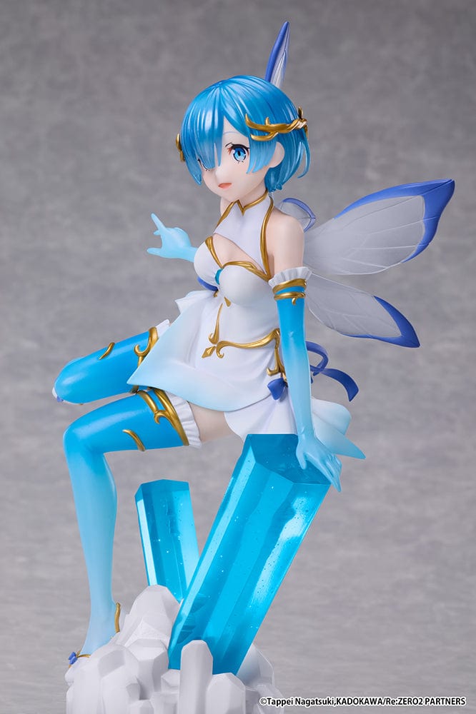 Rezero Starting Life in Another World Rem (Jewel Princess) 1/7 scale figure with translucent wings, standing on a blue crystal, in a shimmering blue and white outfit.