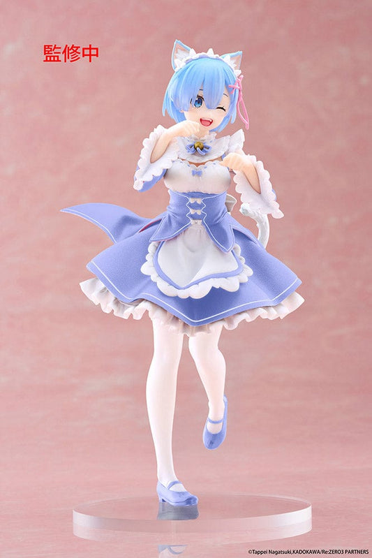Rem Coreful Cat Maid Ver. (Renewal Edition) figure from Re:Zero, featuring her in a frilly purple maid outfit with cat ears and tail, winking playfully.
