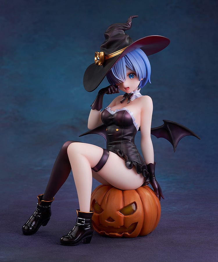 Rezero Starting Life in Another World KD Colle Rem (Phantom Night Wizard Ver.) 1/7 Scale Figure, featuring Rem in a witch costume seated on a jack-o'-lantern with bat wings and Halloween details.