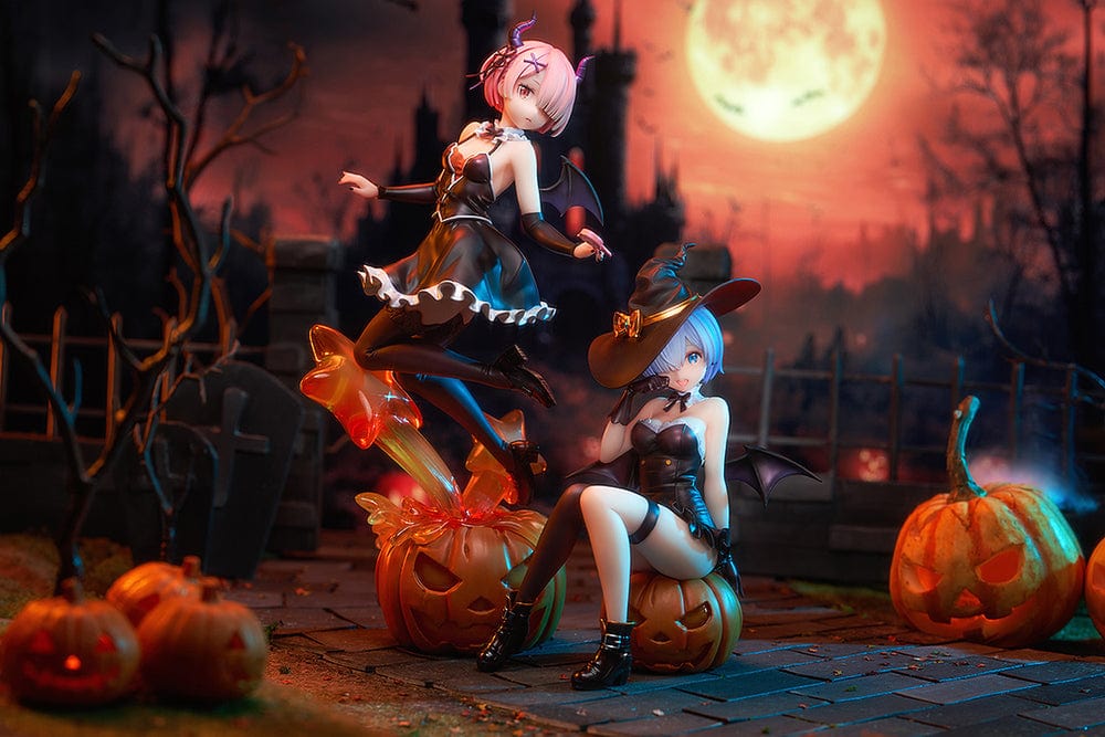 Rezero Starting Life in Another World KD Colle Rem (Phantom Night Wizard Ver.) 1/7 Scale Figure, featuring Rem in a witch costume seated on a jack-o'-lantern with bat wings and Halloween details.