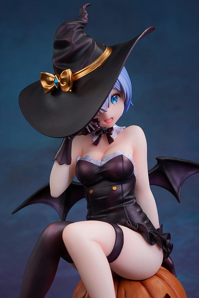 Rezero Starting Life in Another World KD Colle Rem (Phantom Night Wizard Ver.) 1/7 Scale Figure, featuring Rem in a witch costume seated on a jack-o'-lantern with bat wings and Halloween details.