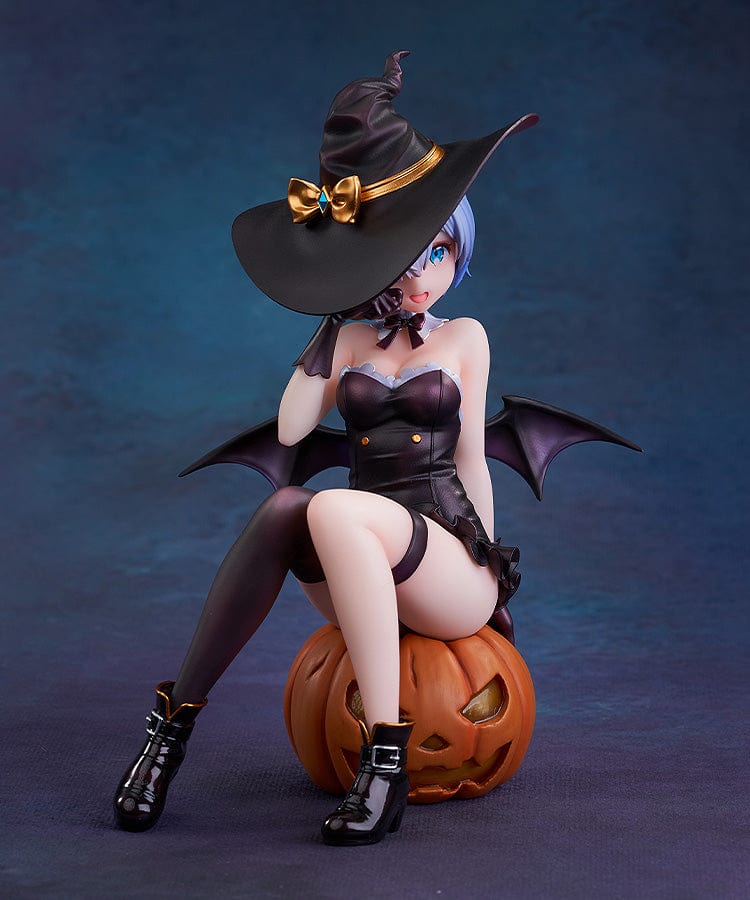 Rezero Starting Life in Another World KD Colle Rem (Phantom Night Wizard Ver.) 1/7 Scale Figure, featuring Rem in a witch costume seated on a jack-o'-lantern with bat wings and Halloween details.