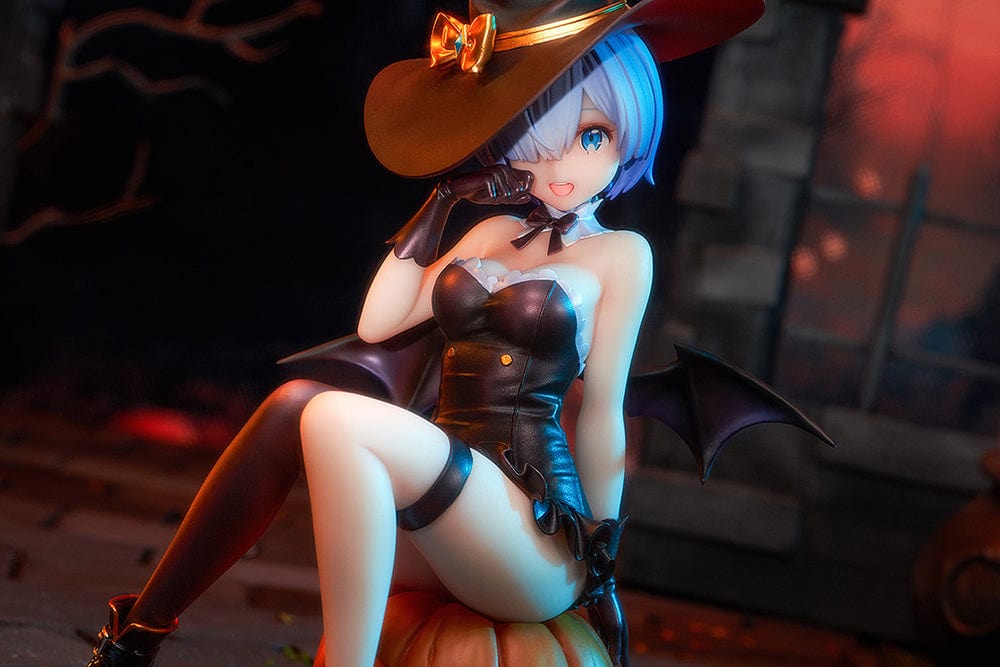 Rezero Starting Life in Another World KD Colle Rem (Phantom Night Wizard Ver.) 1/7 Scale Figure, featuring Rem in a witch costume seated on a jack-o'-lantern with bat wings and Halloween details.