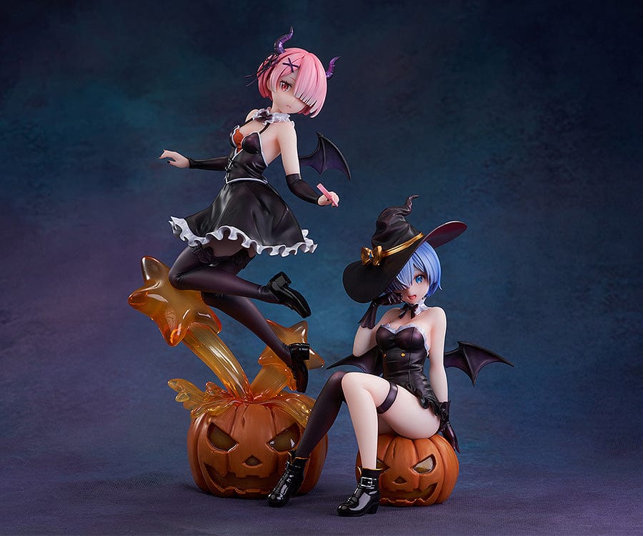 Rezero Starting Life in Another World KD Colle Rem (Phantom Night Wizard Ver.) 1/7 Scale Figure, featuring Rem in a witch costume seated on a jack-o'-lantern with bat wings and Halloween details.