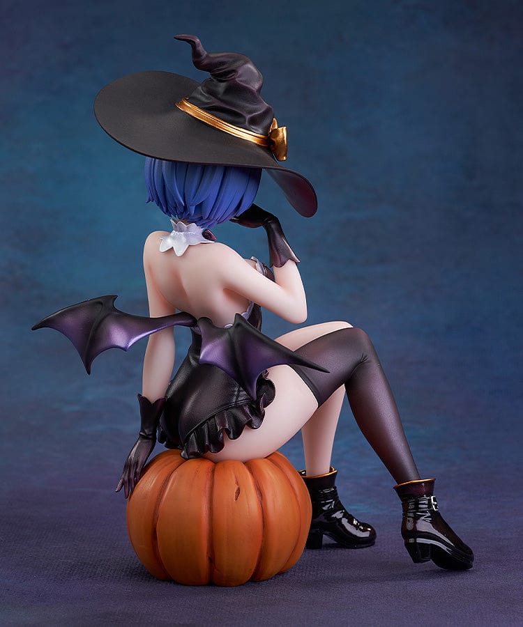 Rezero Starting Life in Another World KD Colle Rem (Phantom Night Wizard Ver.) 1/7 Scale Figure, featuring Rem in a witch costume seated on a jack-o'-lantern with bat wings and Halloween details.