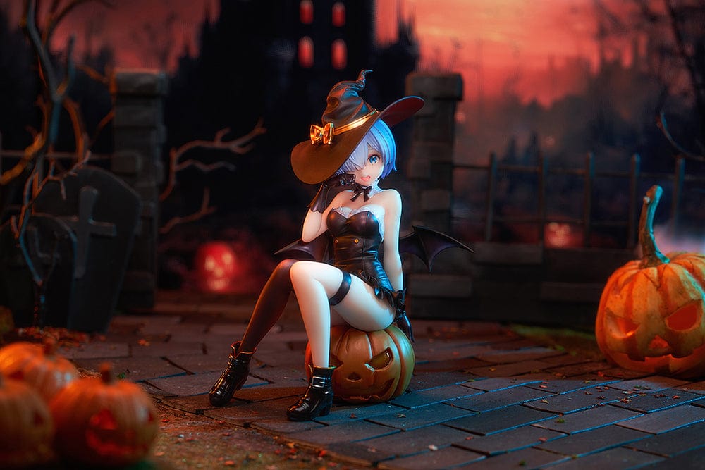 Rezero Starting Life in Another World KD Colle Rem (Phantom Night Wizard Ver.) 1/7 Scale Figure, featuring Rem in a witch costume seated on a jack-o'-lantern with bat wings and Halloween details.