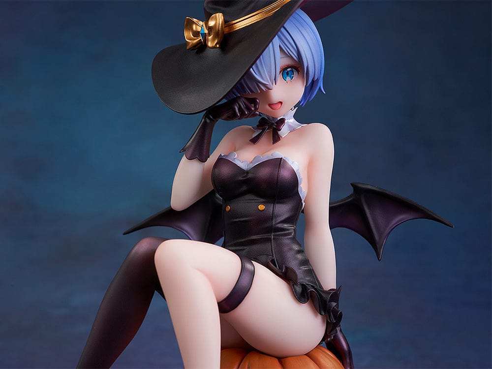 Rezero Starting Life in Another World KD Colle Rem (Phantom Night Wizard Ver.) 1/7 Scale Figure, featuring Rem in a witch costume seated on a jack-o'-lantern with bat wings and Halloween details.