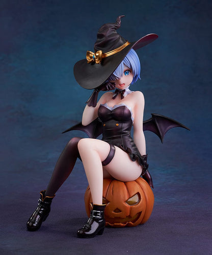 Rezero Starting Life in Another World KD Colle Rem (Phantom Night Wizard Ver.) 1/7 Scale Figure, featuring Rem in a witch costume seated on a jack-o'-lantern with bat wings and Halloween details.