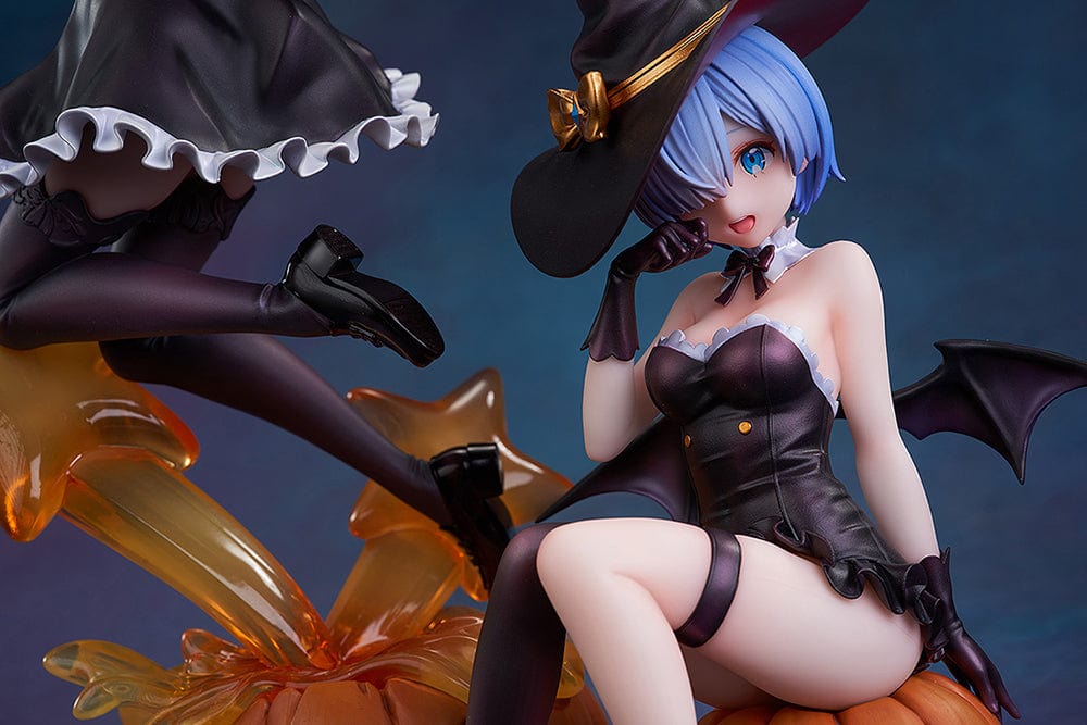 Rezero Starting Life in Another World KD Colle Rem (Phantom Night Wizard Ver.) 1/7 Scale Figure, featuring Rem in a witch costume seated on a jack-o'-lantern with bat wings and Halloween details.