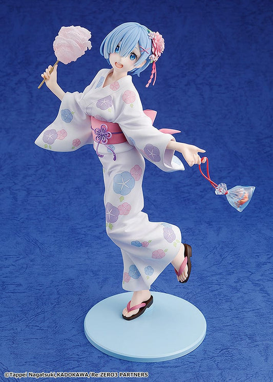 Rem: Yukata Ver. (Renewal Package Edition) figure, featuring Rem in a floral yukata holding cotton candy and a goldfish bag, exuding a cheerful festival vibe.