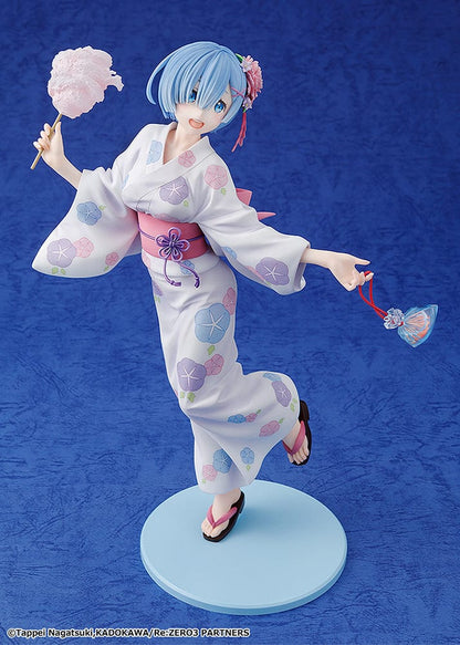 Rem: Yukata Ver. (Renewal Package Edition) figure, featuring Rem in a floral yukata holding cotton candy and a goldfish bag, exuding a cheerful festival vibe.