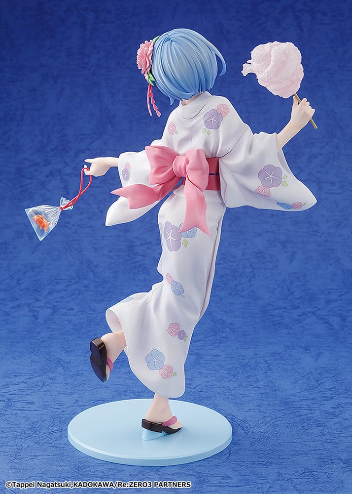 Rem: Yukata Ver. (Renewal Package Edition) figure, featuring Rem in a floral yukata holding cotton candy and a goldfish bag, exuding a cheerful festival vibe.