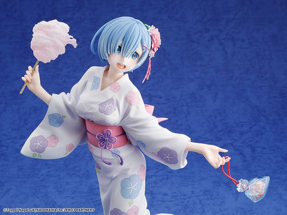 Rem: Yukata Ver. (Renewal Package Edition) figure, featuring Rem in a floral yukata holding cotton candy and a goldfish bag, exuding a cheerful festival vibe.