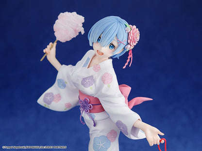 Rem: Yukata Ver. (Renewal Package Edition) figure, featuring Rem in a floral yukata holding cotton candy and a goldfish bag, exuding a cheerful festival vibe.