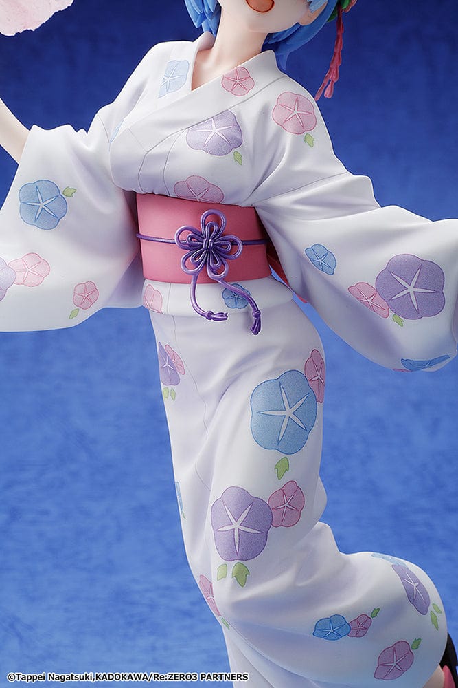 Rem: Yukata Ver. (Renewal Package Edition) figure, featuring Rem in a floral yukata holding cotton candy and a goldfish bag, exuding a cheerful festival vibe.