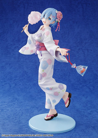 Rem: Yukata Ver. (Renewal Package Edition) figure, featuring Rem in a floral yukata holding cotton candy and a goldfish bag, exuding a cheerful festival vibe.