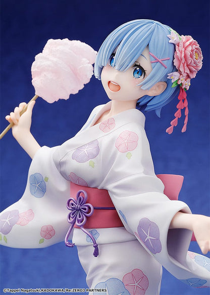 Rem: Yukata Ver. (Renewal Package Edition) figure, featuring Rem in a floral yukata holding cotton candy and a goldfish bag, exuding a cheerful festival vibe.