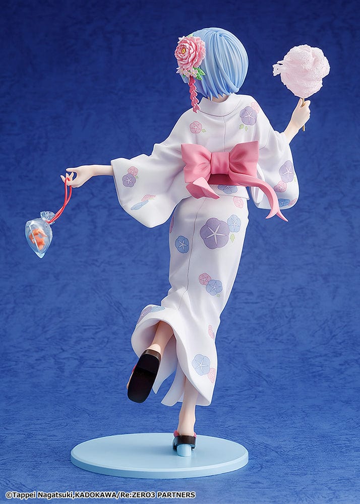 Rem: Yukata Ver. (Renewal Package Edition) figure, featuring Rem in a floral yukata holding cotton candy and a goldfish bag, exuding a cheerful festival vibe.