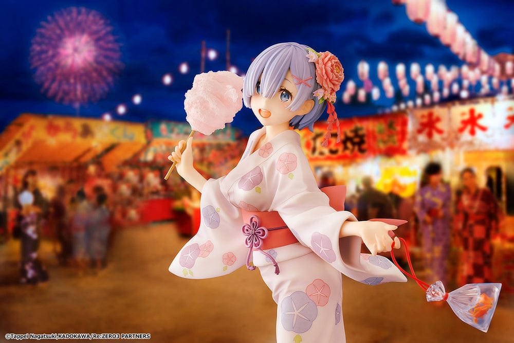 Rem: Yukata Ver. (Renewal Package Edition) figure, featuring Rem in a floral yukata holding cotton candy and a goldfish bag, exuding a cheerful festival vibe.