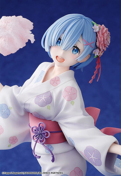 Rem: Yukata Ver. (Renewal Package Edition) figure, featuring Rem in a floral yukata holding cotton candy and a goldfish bag, exuding a cheerful festival vibe.