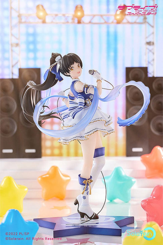1/7 scale figure of Ren Hazuki from Love Live! Superstar!! in her Dream of Roses outfit, showcasing her singing into a microphone with a joyous expression, surrounded by swirling blue ribbons, wearing a white and blue dress with matching boots, standing on a star-shaped base.