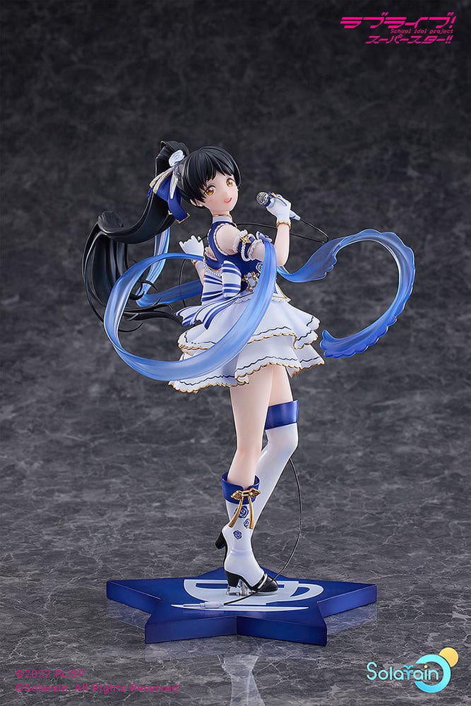 1/7 scale figure of Ren Hazuki from Love Live! Superstar!! in her Dream of Roses outfit, showcasing her singing into a microphone with a joyous expression, surrounded by swirling blue ribbons, wearing a white and blue dress with matching boots, standing on a star-shaped base.