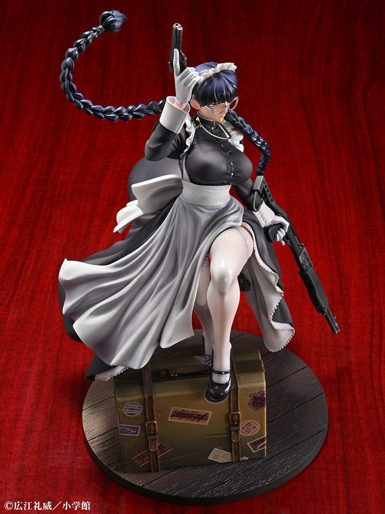 Black Lagoon Roberta (The Maid of Nightmares Ver.) 1/7 Scale Figure, featuring Roberta in maid attire wielding weapons, standing on a suitcase base.