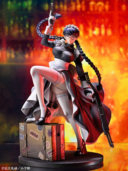 Black Lagoon Roberta (The Maid of Nightmares Ver.) 1/7 Scale Figure, featuring Roberta in maid attire wielding weapons, standing on a suitcase base.