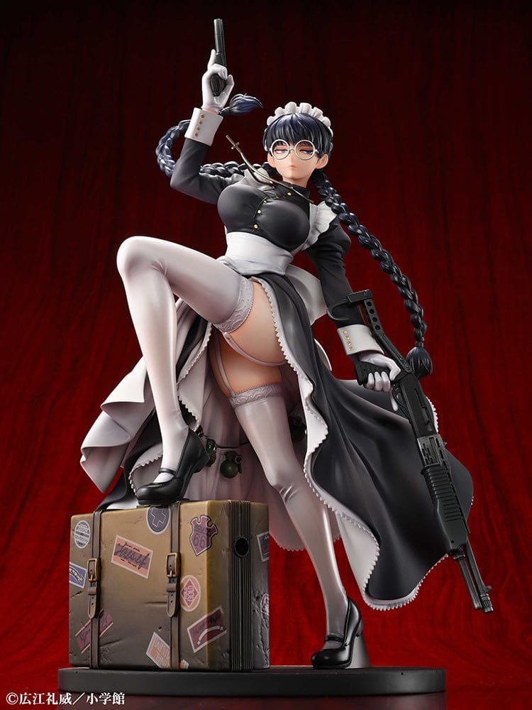 Black Lagoon Roberta (The Maid of Nightmares Ver.) 1/7 Scale Figure, featuring Roberta in maid attire wielding weapons, standing on a suitcase base.