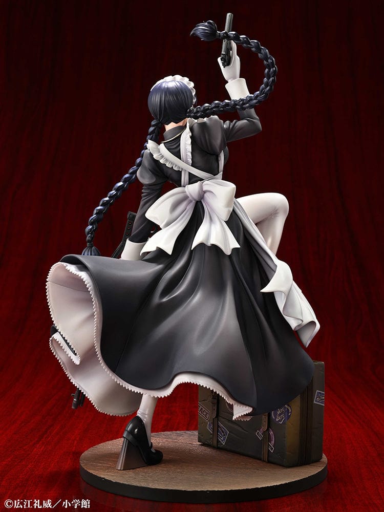 Black Lagoon Roberta (The Maid of Nightmares Ver.) 1/7 Scale Figure, featuring Roberta in maid attire wielding weapons, standing on a suitcase base.