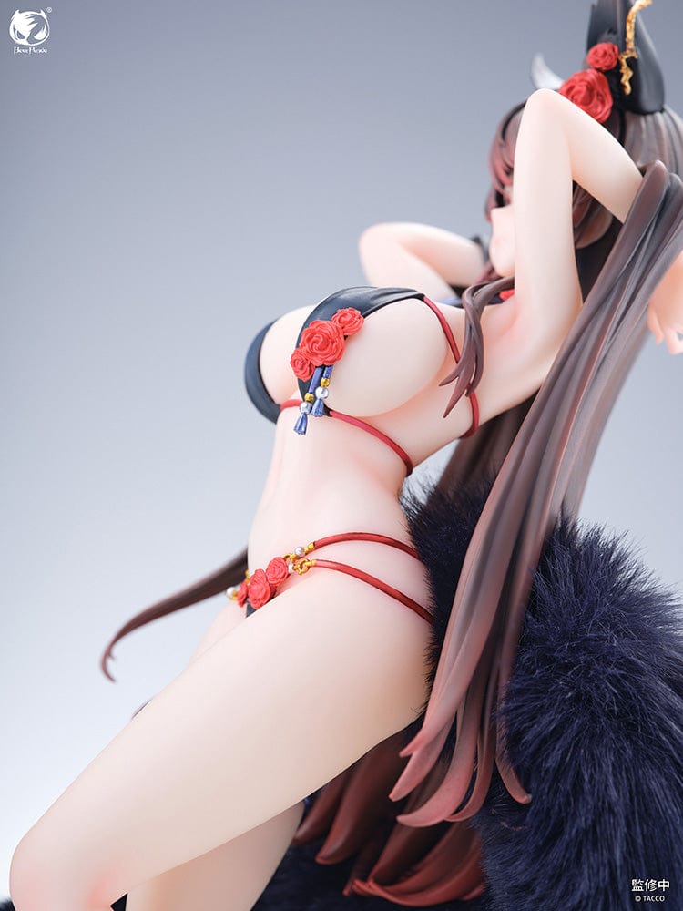 Original Character Rose illustration by TACCO 1/6 Scale Figure, showcasing the character with luxurious dark hair and red floral decorations, wearing a detailed bikini, with a majestic fox tail, exuding an aura of allure and mystery.