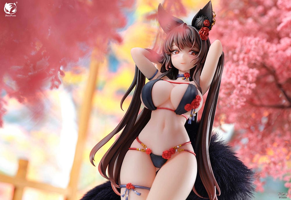 Original Character Rose illustration by TACCO 1/6 Scale Figure, showcasing the character with luxurious dark hair and red floral decorations, wearing a detailed bikini, with a majestic fox tail, exuding an aura of allure and mystery.