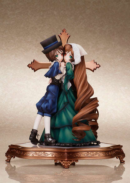 "Rozen Maiden Suiseiseki & Souseiseki Figure - Exquisite figure featuring Suiseiseki in a green Victorian-style dress and Souseiseki in a blue outfit, intertwined in an elegant embrace with an ornate base."