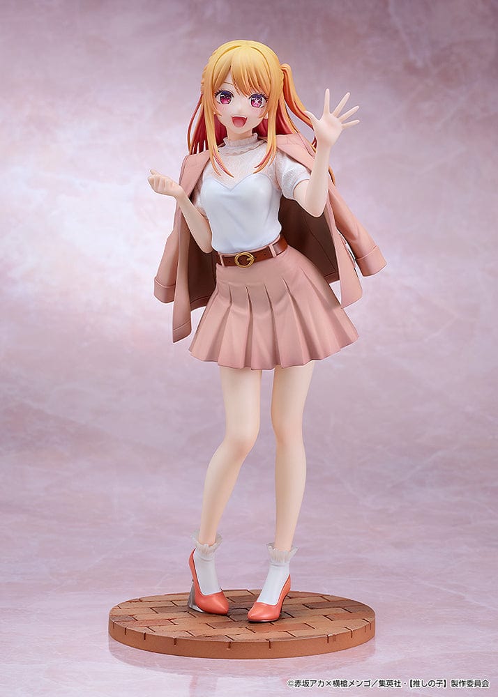 Ruby Date Style Ver. Figure in pink outfit with pleated skirt, jacket, and heels, smiling and waving.