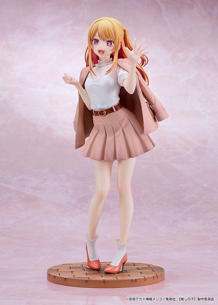 Ruby Date Style Ver. Figure in pink outfit with pleated skirt, jacket, and heels, smiling and waving.