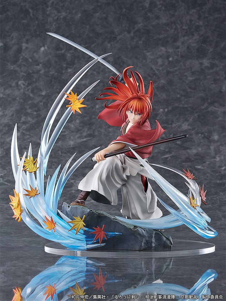 Rurouni Kenshin: Meiji Swordsman Romantic Story Kenshin Himura (Souryusen Ver.) 1/7 scale figure, showcasing dynamic sword slashes and autumn leaves in mid-action pose.