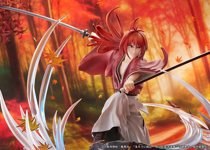 Rurouni Kenshin: Meiji Swordsman Romantic Story Kenshin Himura (Souryusen Ver.) 1/7 scale figure, showcasing dynamic sword slashes and autumn leaves in mid-action pose.